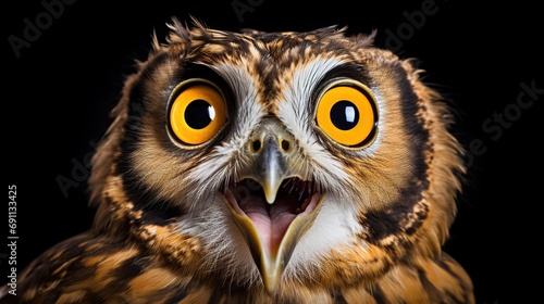 Shocked owl with big orange eyes on white background
