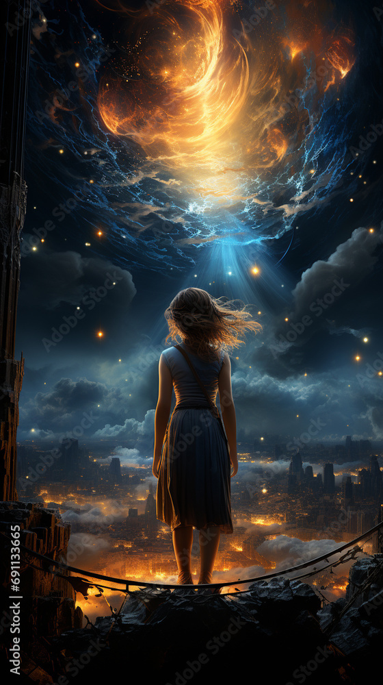 Woman looking at beautiful futuristic sky with planets. Beautiful woman in a long white dress in the forest. Night sky colorful landscape, fantastic surrealistic planets. AI generative