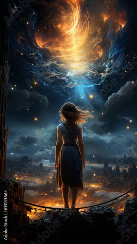 Woman looking at beautiful futuristic sky with planets. Beautiful woman in a long white dress in the forest. Night sky colorful landscape, fantastic surrealistic planets. AI generative