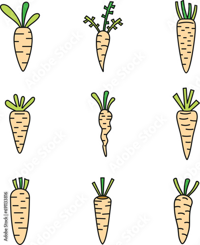 Food carrot icons set. Outline set of food carrot vector icons thin line color flat on white