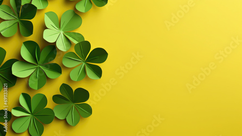 green paper clover on a yellow background, shamrock, symbol, st. patrick's day, luck, nature, plant, national irish holiday, spring, march 17, flower, tradition, religious