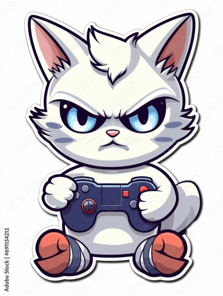 Cartoon sticker evil gamer kitten with game joystick, AI Cartoon sticker evil gamer kitten with game joystick, AI