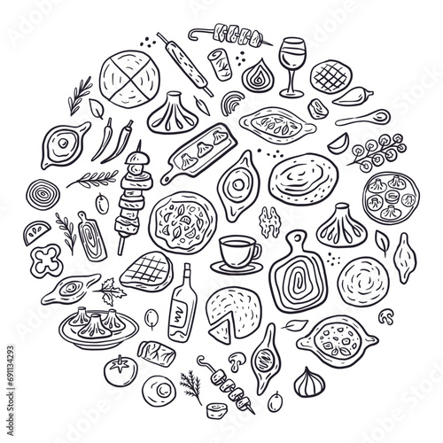 Round illustration of traditional Georgian cuisine: shish kebab, khinkali, khachapuri, wine, tortillas. The illustration is hand-drawn in the style of a doodle.