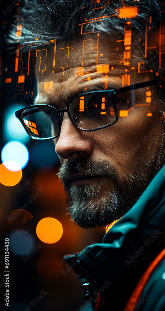 Man trying on glasses to see. A man with glasses and a beard looks at the camera Man trying on glasses to see. A man with glasses and a beard looks at the camera