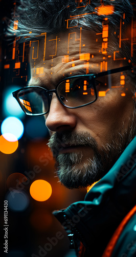 Man trying on glasses to see. A man with glasses and a beard looks at the camera © Vadim