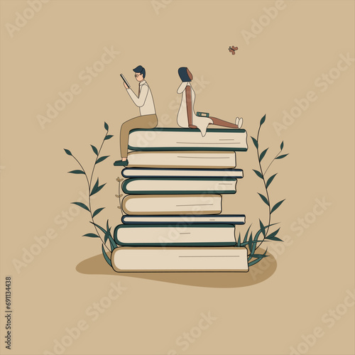 Concept: book is source of knowledge.At tiny African woman with funny boyfriend sitting on stack of books.Volumes with plants as symbol of education.For library or bookstore.Hand-drawn vector
