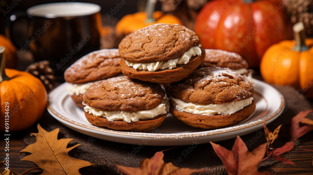 Pumpkin whoopie pies, fall season baking created with Generative Ai
