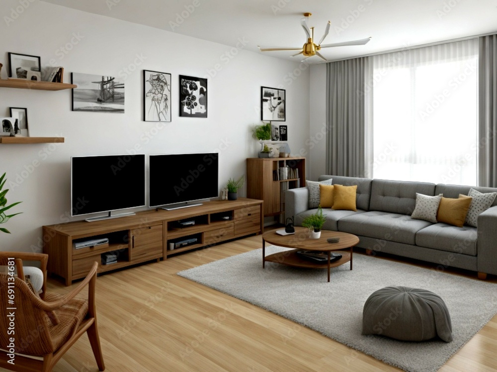 Fototapeta premium 3d render of modern living room with tv. Living room.