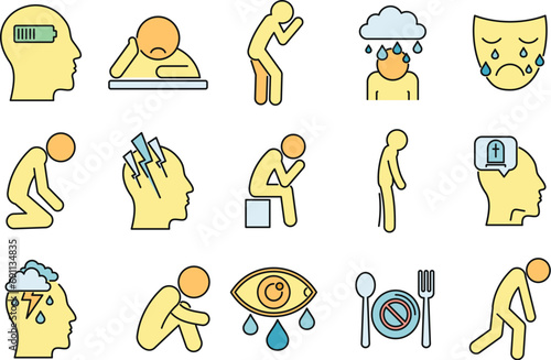 Modern depression icons set. Outline set of modern depression vector icons thin line color flat on white