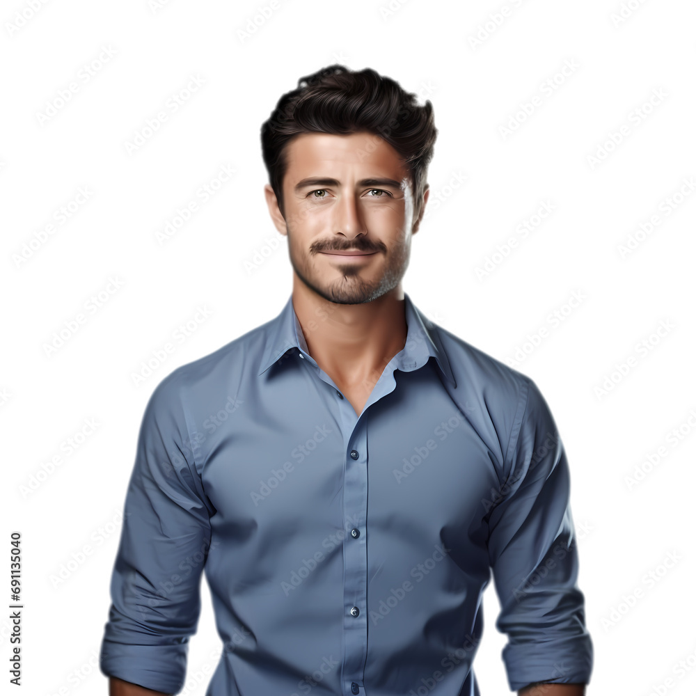Half length portrait of handsome man wearing blue shirt isolated on transparent background Half length portrait of handsome man wearing blue shirt isolated on transparent background
