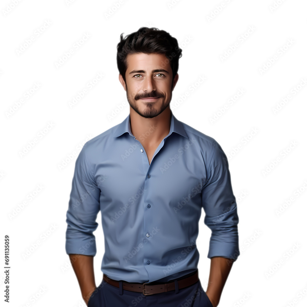 Half length portrait of handsome man wearing blue shirt isolated on transparent background Half length portrait of handsome man wearing blue shirt isolated on transparent background