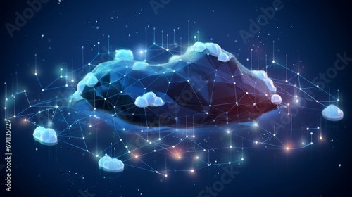 cloud data transfer: futuristic technology with central cloud icon, internal connections, and global network on abstract world map polygon in dark blue - 3d render photo