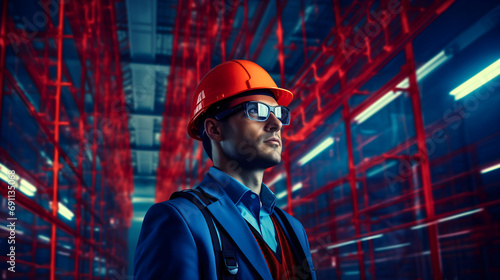 Construction worker or engineer, wearing an elegant suit, helmet and glasses, standing inside an unfinished house under construction zone. Home infrastructure, architectural workplace