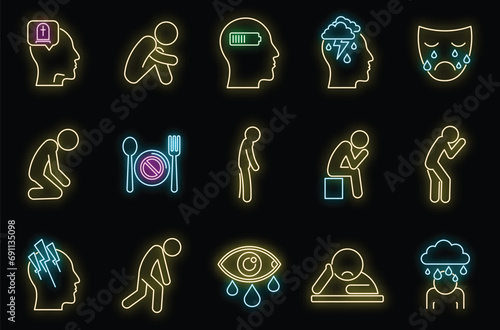 Modern depression icons set. Outline set of modern depression vector icons neon color on black
