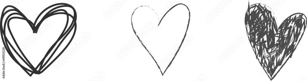 Set of nine hand drawn heart. Handdrawn rough marker hearts isolated on ...