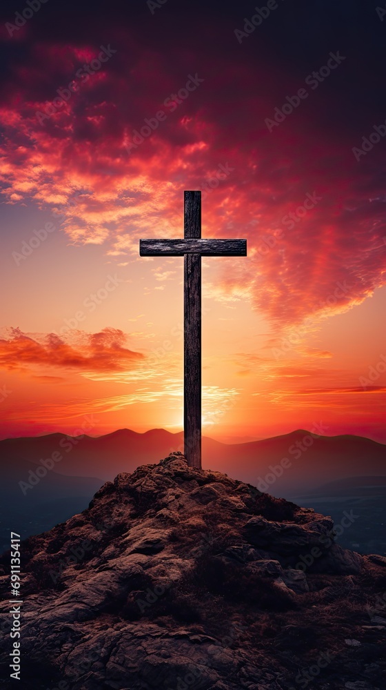 Drawn illustration, Christian cross on the top of a mountain, dramatic sky at dusk.