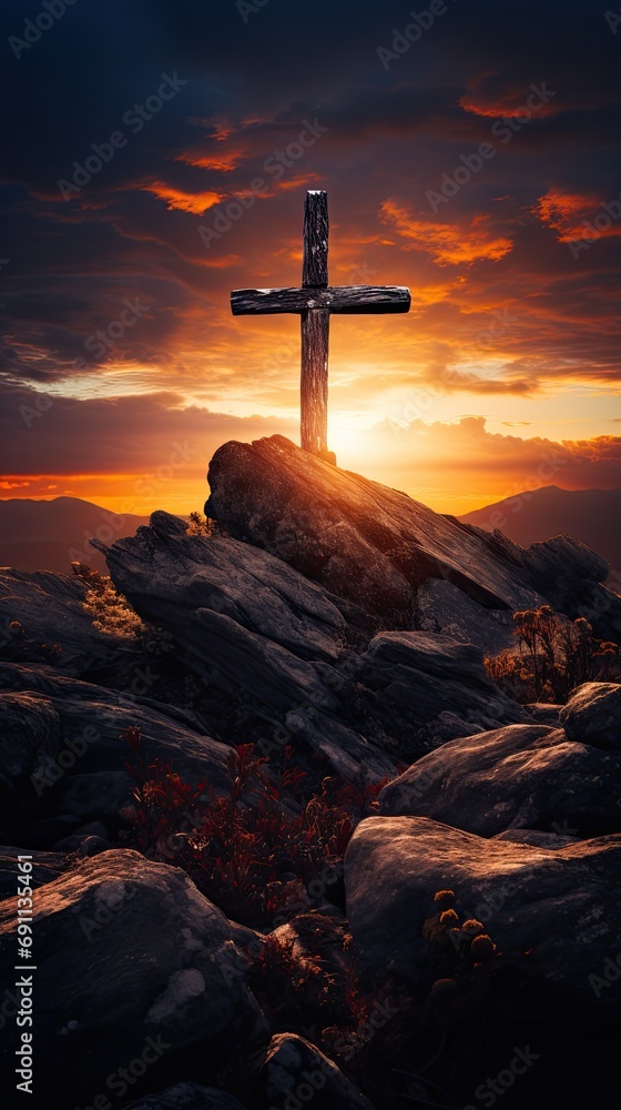 Christian cross in the top of a mountain at sunset.