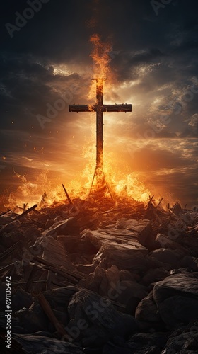 Christian cross burning in fire in the top of a mountain