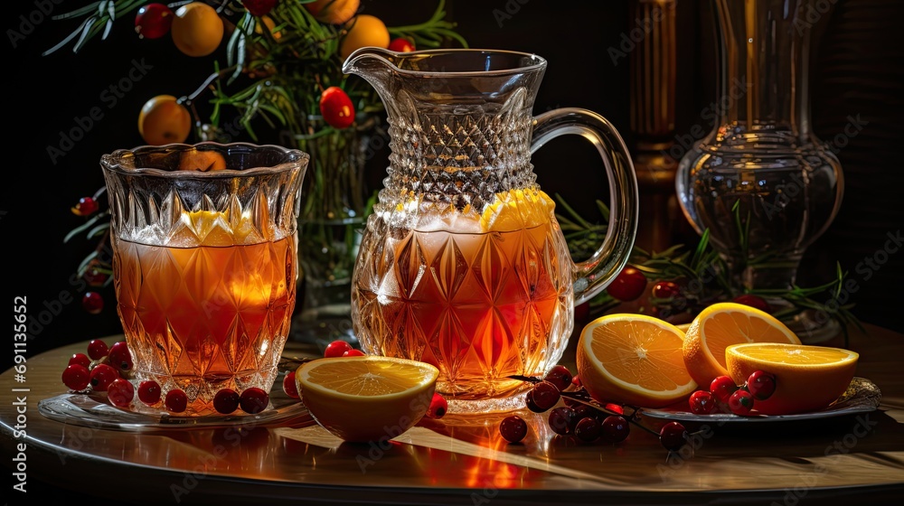 Pitcher and glass glasses with natural and refreshing christmas punch. Pitcher and glass glasses with natural and refreshing christmas punch.