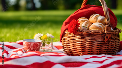 Wooden picnic basket or wicker filled with bread, and decorated with vibrant wild flower. Placed on a red and white blanket, on a green grass meadow field in the park on a sunny spring day outdoors