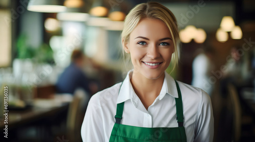 A beautiful young waitress with blonde hair smiling and looking at the camera, the coffee shop interior blurred in the background. Cafeteria staff service, female catering employee