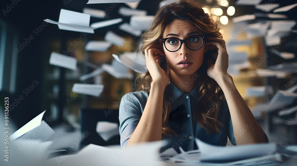Stressed out young beautiful businesswoman sitting in modern office interior, holding her hands on the head, table full of paperwork documents. Frustrated female employee panicking, having anxiety - obrazy, fototapety, plakaty 