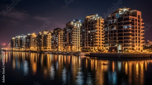 An apartment complex near the bay at night full of light and reflection on the water.