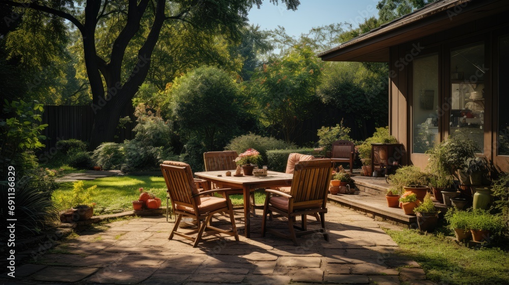 Obraz premium Backyard garden terrace wooden table and chair full of flowers and green with warm light.