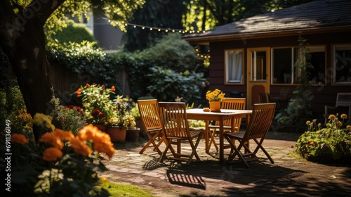 Backyard garden terrace wooden table and chair full of flowers and green with warm light. photo