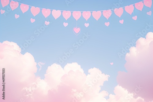 A sky background with pink clouds and hearts