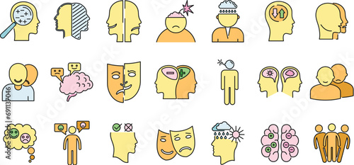 Bipolar disorder disease icons set. Outline set of bipolar disorder disease vector icons thin line color flat on white