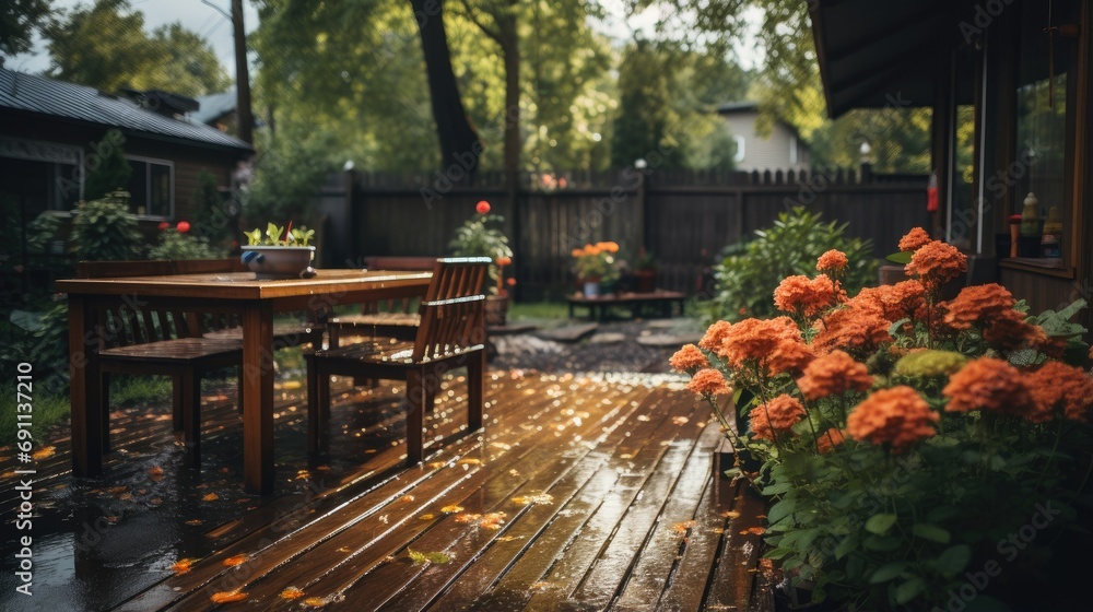 Serene post rain scene with wooden patio, rain kissed, lush flora, tranquil ambiance, embraced by soft light in a tended garden. Backyard home a place to relax, gather, and sit.