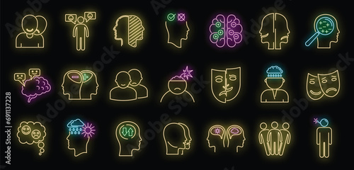 Bipolar disorder disease icons set. Outline set of bipolar disorder disease vector icons neon color on black