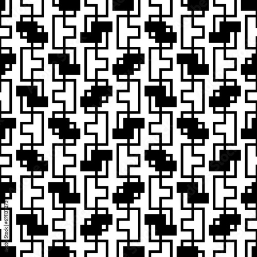 Seamless surface pattern design with mosaic ornament. Repeated puzzle figures, lines background. Ethnic embroidery motif. Grid wallpaper. Digital paper, page fill, web designing, textile print. Vector