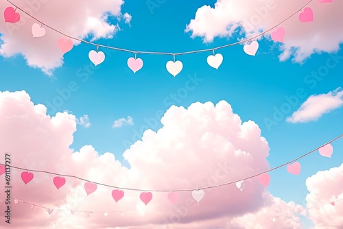 A sky background with pink heart garlands