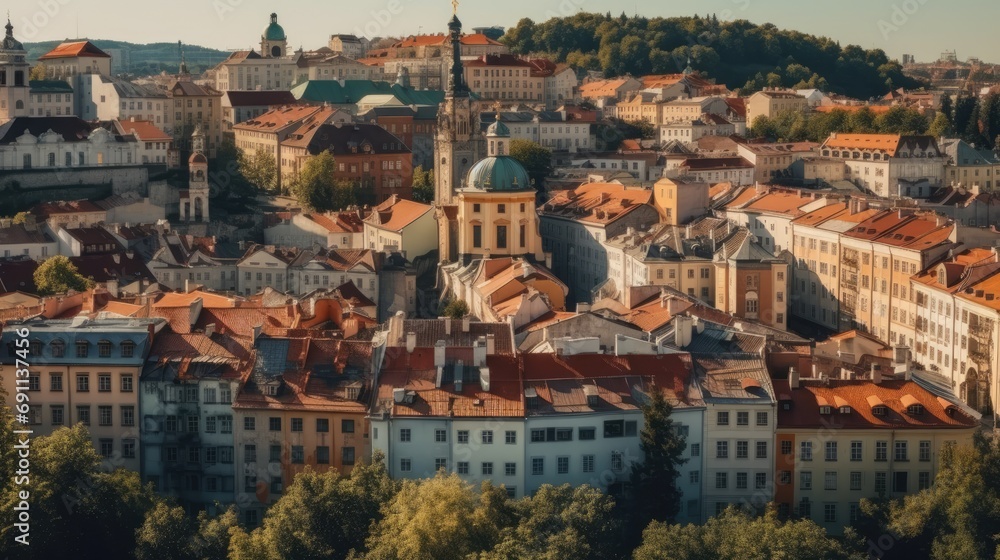 Sunlit Rooftops of Prague's Historic Center, A Timeless View Captured in the Late Afternoon, Embodying the City's Architectural Heritage and Vibrant Urban Life