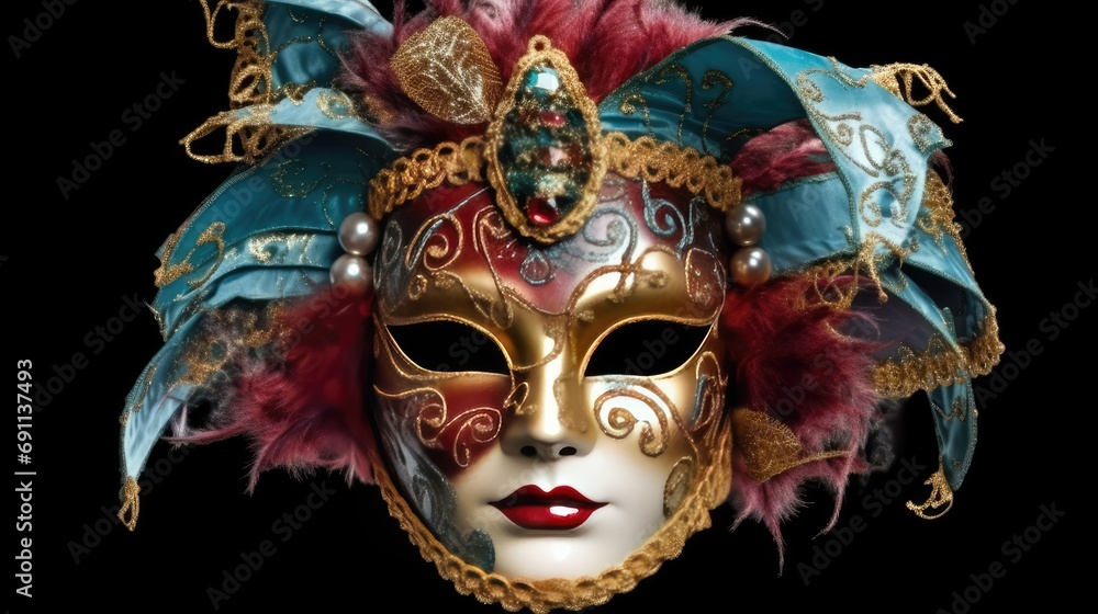This high resolution image showcases a luxurious Venetian mask, adorned with vibrant feathers, pearls, and gold accents, embodying the spirit of traditional masquerade balls.