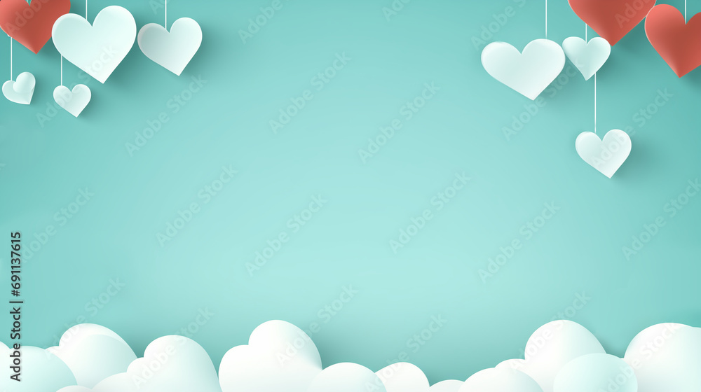 Valentine's day concept ,mint color sky and paper cut with hanging hearts, space for text Valentine's day concept ,mint color sky and paper cut with hanging hearts, space for text