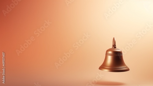  a golden bell on a brown background with a light reflection on the bottom of the bell and a shadow of the bell on the bottom of the bell on the wall.