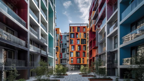 Modern Urban Residential Architecture or apartment complex, Vibrant Colored Facades, Contemporary Housing Design, Photographed in Daylight at a Newly Developed Area