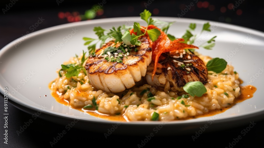a white plate topped with scallops covered in sauce and garnished with green leafy garnishes and garnished on top of rice. a white plate topped with scallops covered in sauce and garnished with green leafy garnishes and garnished on top of rice.