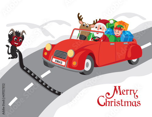 Cute cartoon style illustration of Santa Claus, a reindeer and an elf in a car with Krampus trying to sabotage them