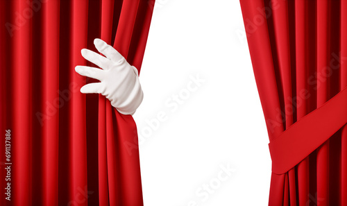 Close-up of hand in a white glove pulling curtain away isolated on a white  transparent background, png. hand open red velvet curtain to stage	
