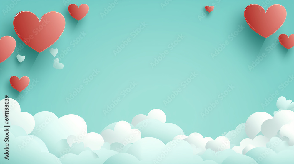 Valentine's day concept ,mint color sky and paper cut with hanging hearts, space for text