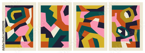 Set of abstract colorful decorative posters with cut-out shapes