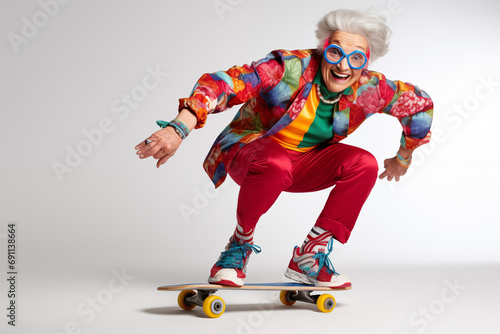 Mature funny older woman with wrinkled face in colorful clothes on skateboard isolated in white background, An energetic happy grandmother on skateboard, playful funky poses of an adult woman skating photo