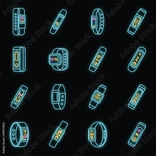 Sport fitness bracelet icons set. Outline set of sport fitness bracelet vector icons neon color on black
