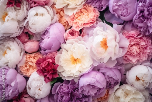 closeup of many purple, pink and white peonies with pink leaf,