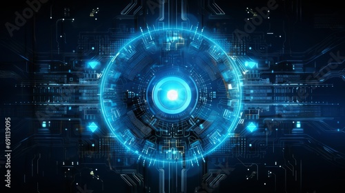 blue cybersecurity network: futuristic digital communication and hi-tech sci-fi elements - wide vector illustration