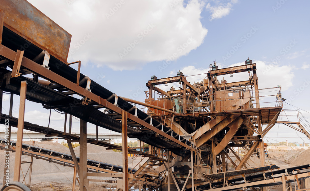 Sand quarry banner, Industrial plant with belt conveyor in open pit mining. Construction site, Industry machine for stone crusher